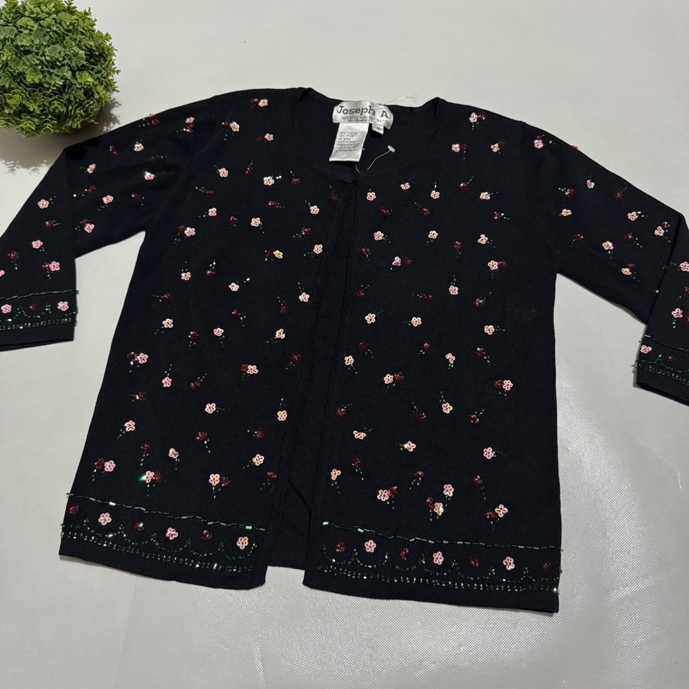 Joseph A Black Pink Green Beaded Sequin Cardigan Sweater Shrug‎ Size Small